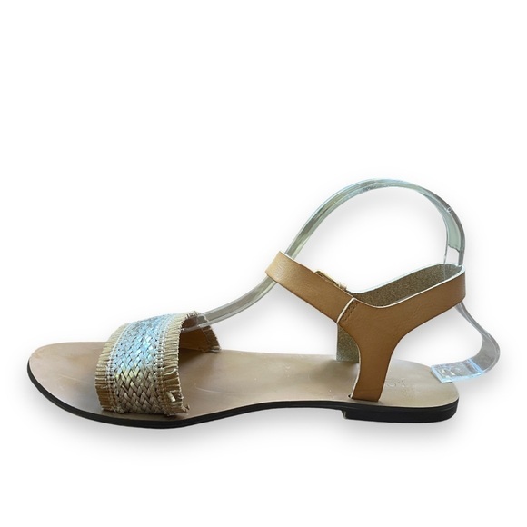 J Crew Factory Raffia Silver and Tan Woven Straw Fringe Sandals | Size 9 - Picture 12 of 13